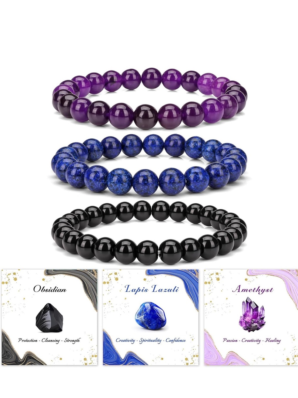 🆕New Stress Relief Gemstone Bracelet Set-Amethyst, Obsidian & Lapis Lazuli - Picture 8 of 9